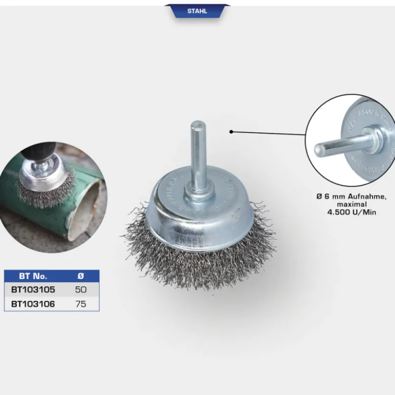 Brosse boisseau 75 mm queue de serrage 6mm BRILLIANT TOOLS - BT103106