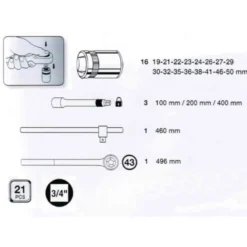 Coffret de douilles cliquet télescopique 3/4" 21 pièces KRAFTWERK 2057