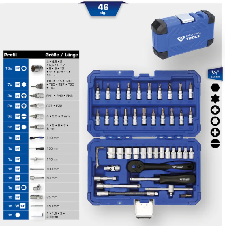 Coffret de douilles et cliquets 1/4'' 46pcs BRILLIANT TOOLS - BT020046