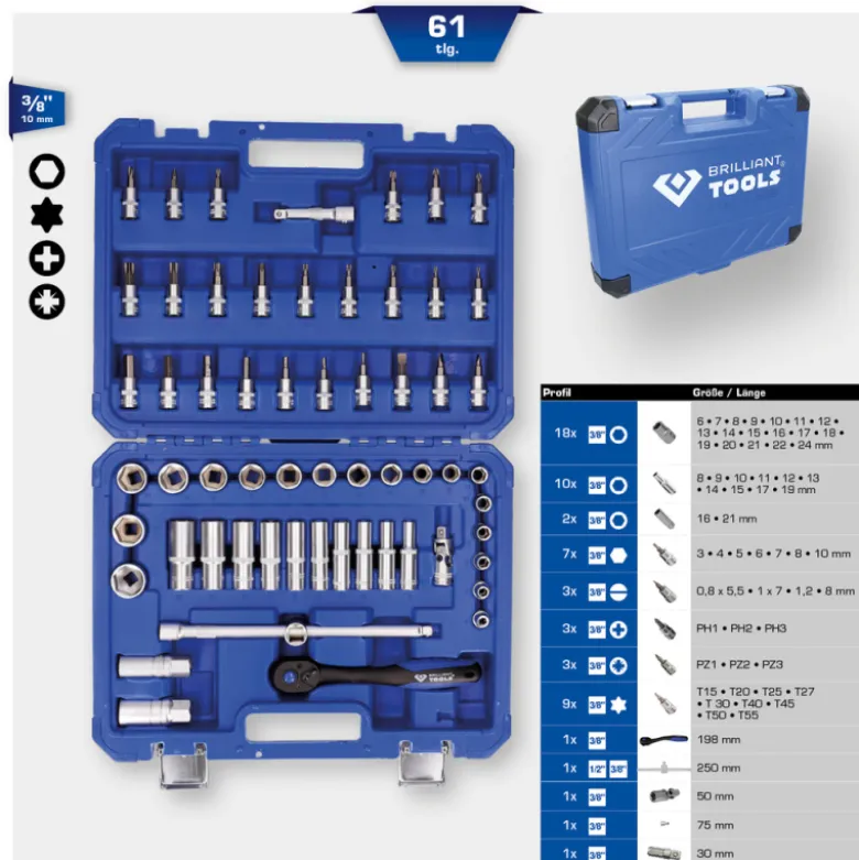 Coffret de douilles et cliquets 3/8'' 61 pcs BRILLIANT TOOLS - BT021061