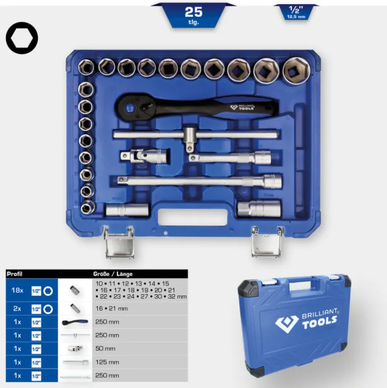 Coffret de douilles et cliquets 1/2'' 25pcs BRILLIANT TOOLS - BT022025