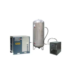 Compresseur d'air à vis 20 CV, Réservoir 500 L vertical galvanisé, pression 10 bar, débit 123 m3/h, 400 V tri + sécheur NUAIR