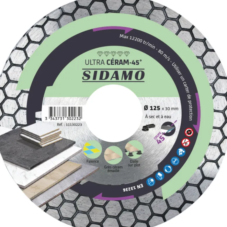 Disque Diamant ULTRA CERAM 45° Ø125mm Spécial Coupe à 45° et Onglets SIDAMO - 11130223