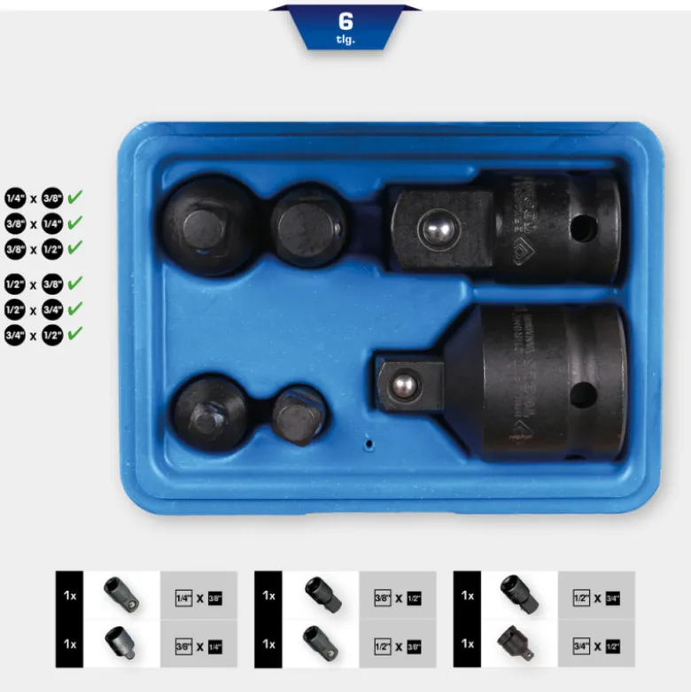 Jeu augmentateurs / réducteurs à chocs 6 pcs 1/4" + 3/8" + 1/2" + 3/4" BRILLIANT TOOLS - BT024605
