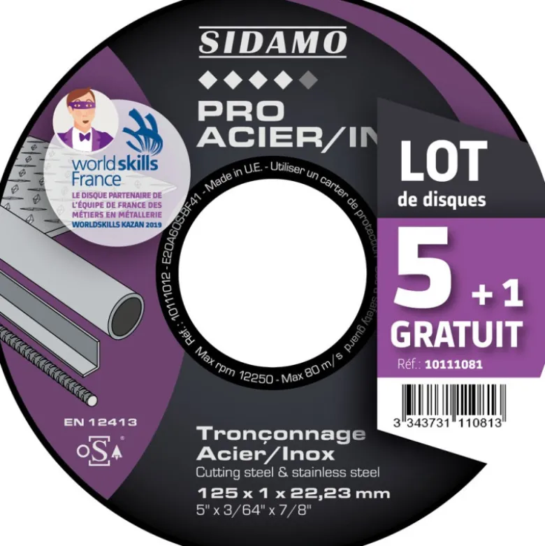 Lot de 5 disques + 1offert PRO ACIER INOX 125 Ales.22.23mm Moyeu plat - SIDAMO 10111081