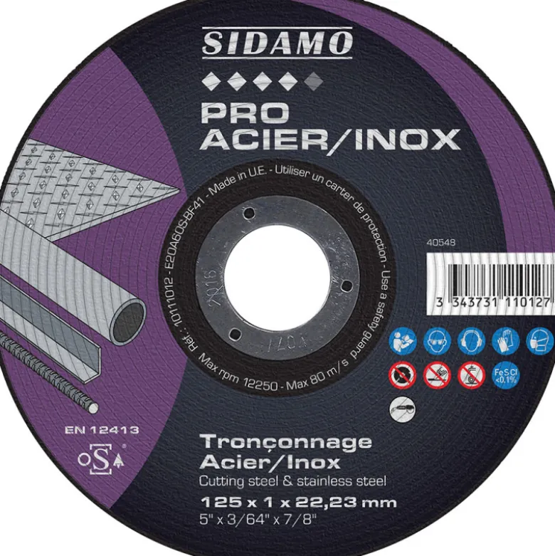 LOT DE 25 DISQUES PRO ACIER INOX 125mm EP. 1 ALES.22.23MM MOYEU PLAT - SIDAMO