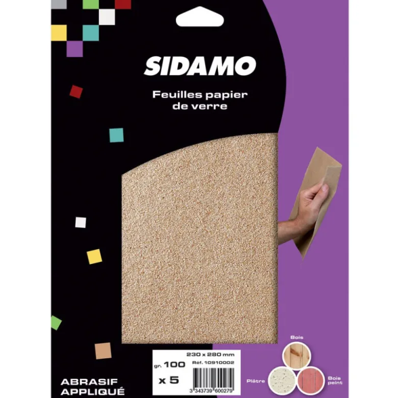 Lot de 5 feuilles de papier de verre 230x280 - Grain 100 à 150 - SIDAMO