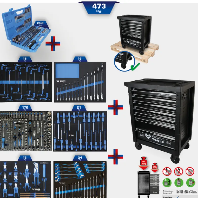 Servante d'atelier 7 tiroirs équipée de 473 outils BRILLIANT TOOLS - BT153473